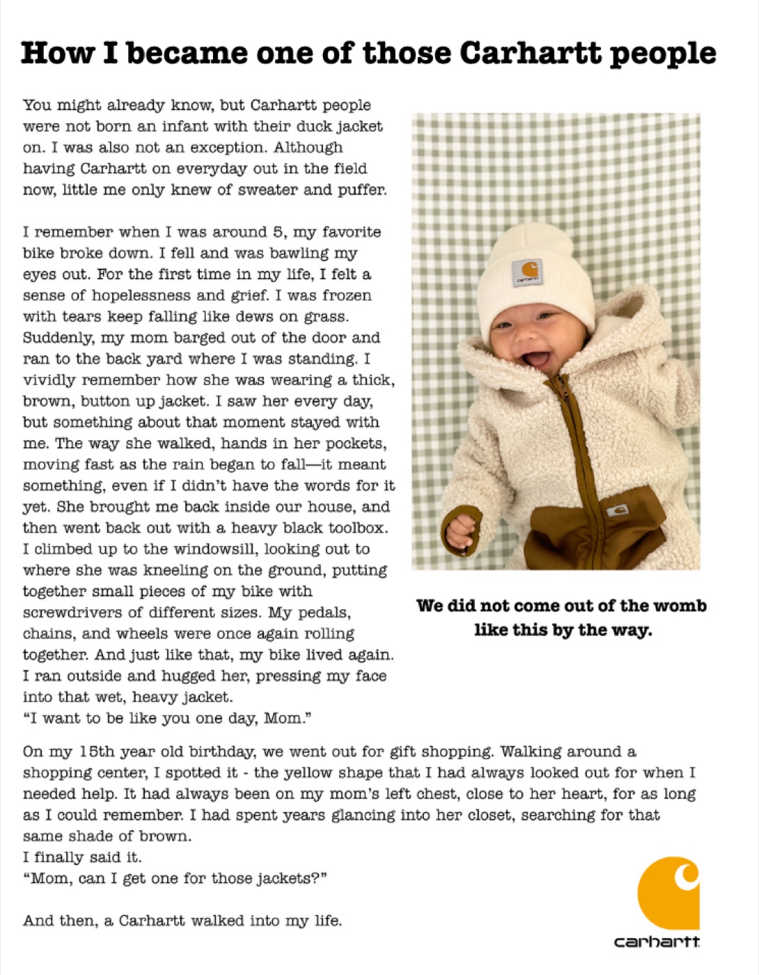 Print ad: How I became one of those Carhartt people — a first-person story about earning the jacket.