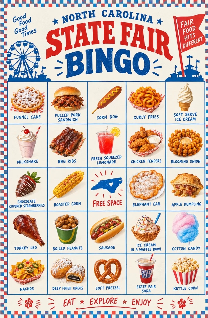 North Carolina State Fair Bingo card: a grid of fair foods to eat, explore and enjoy with a Pepsi.