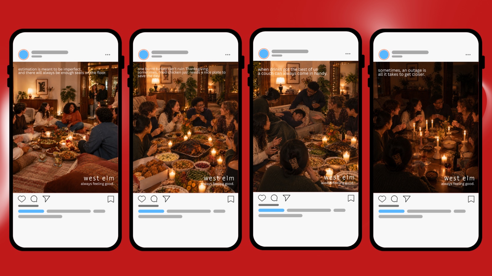 West Elm video: four phone screens showing the dinner party posts